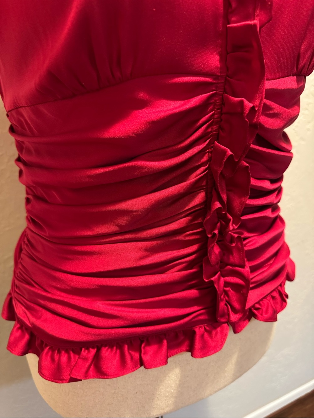 Silk ANTONIO MELANI Ruby Red Ruffled Ruched V-Neck Blouse - Picture 5 of 10
